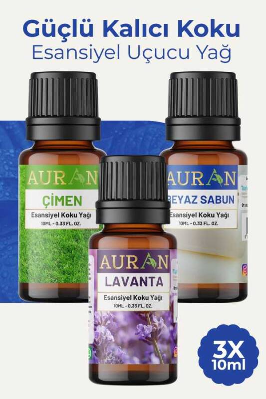 Auran Çimen, Beyaz Sabun, Soft Linen Saf Esansiyel Uçucu Yağ Buhurdanlık Yağ Difüzör Esans Aroma 3x 10ml - 1