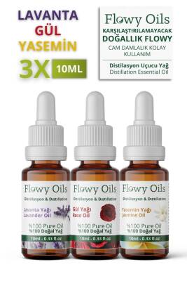 Flowy Oils Lavanta Yağı, Yasemin Yağı, Gül Yağı 3'lü Favori Set %100 Doğal Bitkisel Uçucu Yağ 10ml - 1