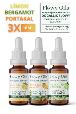 Flowy Oils Portakal Yağı, Limon Yağı, Bergamot Yağı 3'lü Narenciye Set %100 Doğal Bitkisel Uçucu Yağ 10ml - 1