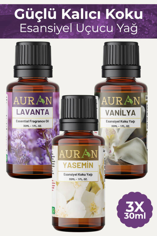 Auran Pudra, Amber, Lavanta Saf Esansiyel Uçucu Yağ Buhurdanlık Yağı Difüzör Esans Aromaterapi 3x 30ml - 1