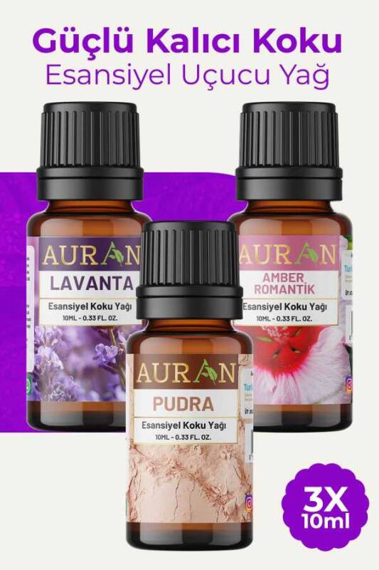 Auran Pudra, Lavanta, Amber Saf Esansiyel Uçucu Yağ Buhurdanlık Yağ Difüzör Esans Aromaterapi Orta3x 10ml - 1