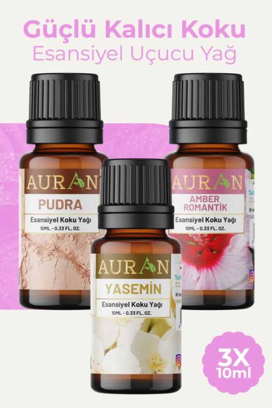 Auran Pudra, Yasemin, Amber Saf Esansiyel Uçucu Yağ Buhurdanlık Yağı Difüzör Esansı Aromaterapi 3x 10ml - 1