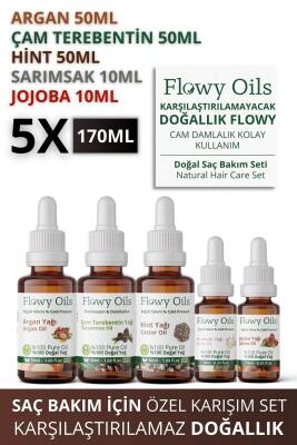 Flowy Oils Saç Bakım Yağı Seti 5'li Argan Yağı, Çam Terebentin Yağı, Hint Yağı, Sarımsak Yağı, Jojoba Yağı 5x - 1