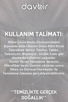 Davbir Üstün Etkili Ekran Temizleyici Sprey Bilgisayar, Telefon, Tablet, Televizyon Temizleyici Sprey 100ml - 7