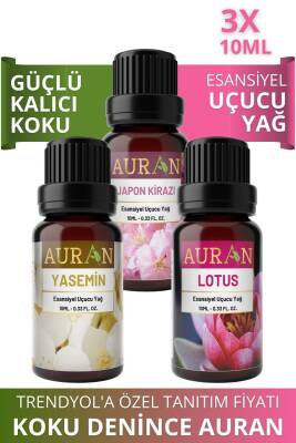 Auran Yasemin, Lotus, Japon Kirazı Saf Esansiyel Uçucu Yağ Buhurdanlık Yağ Difüzör Esans Aromatera 3x10 ml - 1