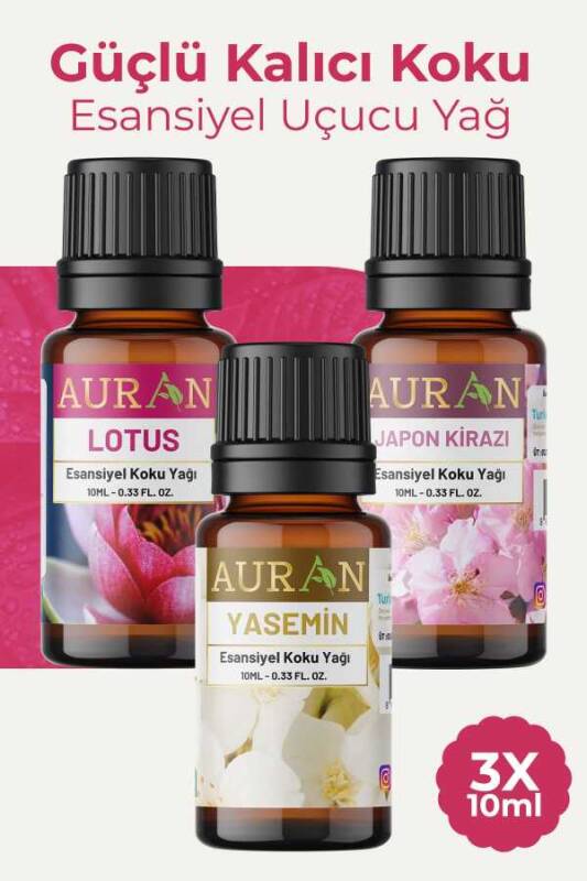 Auran Yasemin, Lotus, Japon Kirazı Saf Esansiyel Uçucu Yağ Buhurdanlık Yağ Difüzör Esans Aromatera 3x10 ml - 1